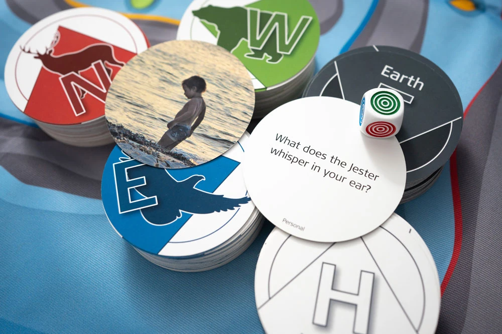 Flow Game card stacks, a picture card, a question card and a die on the game cloth